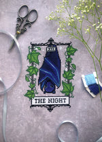 The Night Tarot cross stitch pattern by NeedleLot Designs, a bat on a tarot card