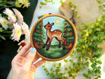 Fawn in the Forest cross stitch pattern by NeedleLot Designs, a fawn in a ray of sunlight