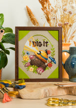 I Dig It Mole cross stitch pattern by NeedleLot Designs, a mole in a garden