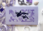 Celestial Orcas cross stitch pattern by NeedleLot Designs, orcas among stars