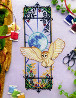 Art Nouveau Owl cross stitch pattern by NeedleLot Designs, a barn owl in a tall Art Nouveau frame