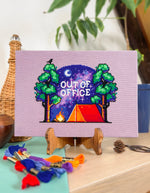 Out of Office cross stitch pattern by NeedleLot Designs, a tree stump workspace in nature