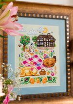 Life at the Cottage SAL cross stitch pattern by NeedleLot Designs, an English cottage with animals and folk art motifs