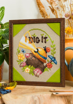I Dig It Mole cross stitch pattern by NeedleLot Designs, a mole in a garden