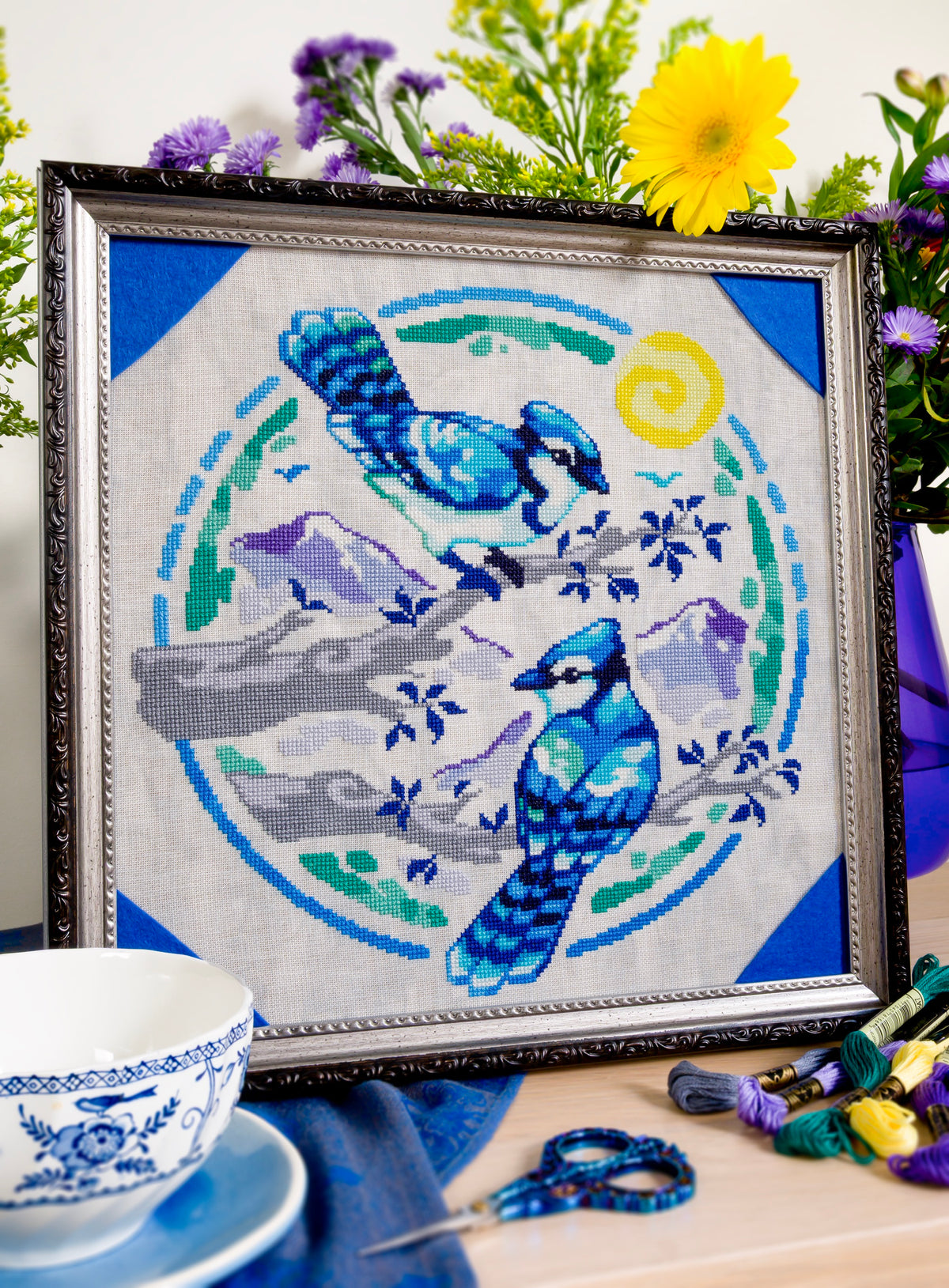 Painterly Blue Jays cross stitch pattern by NeedleLot Designs, blue jays