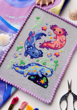 Fantasy Axolotls cross stitch pattern by NeedleLot Designs, three fantasy axolotls