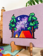 Out of Office cross stitch pattern by NeedleLot Designs, a tree stump workspace in nature