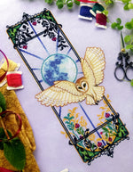 Art Nouveau Owl cross stitch pattern by NeedleLot Designs, a barn owl in a tall Art Nouveau frame