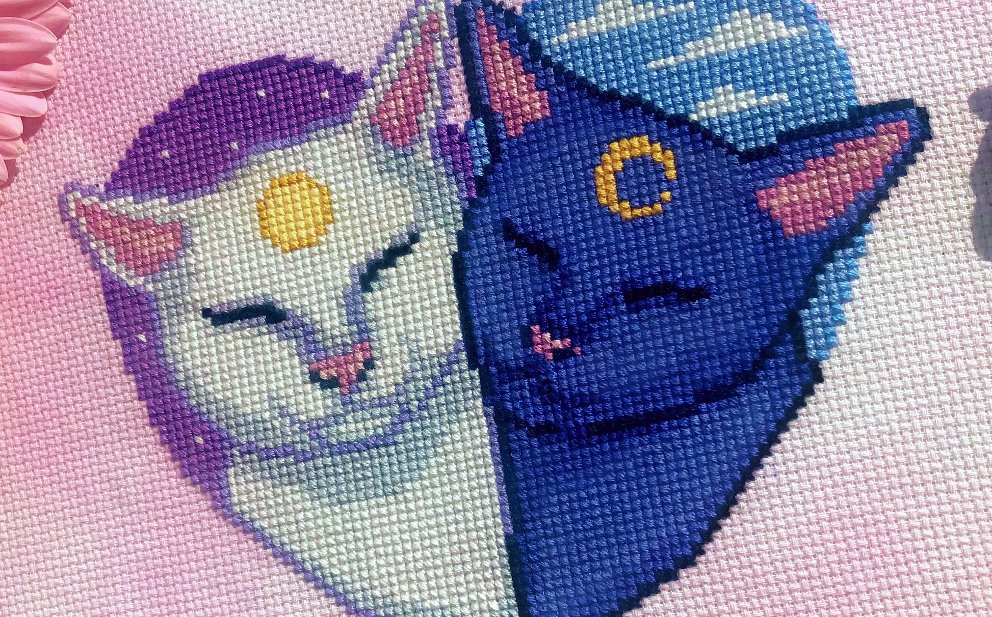 Pillow cover embroidery - cotton - sun and moon cats