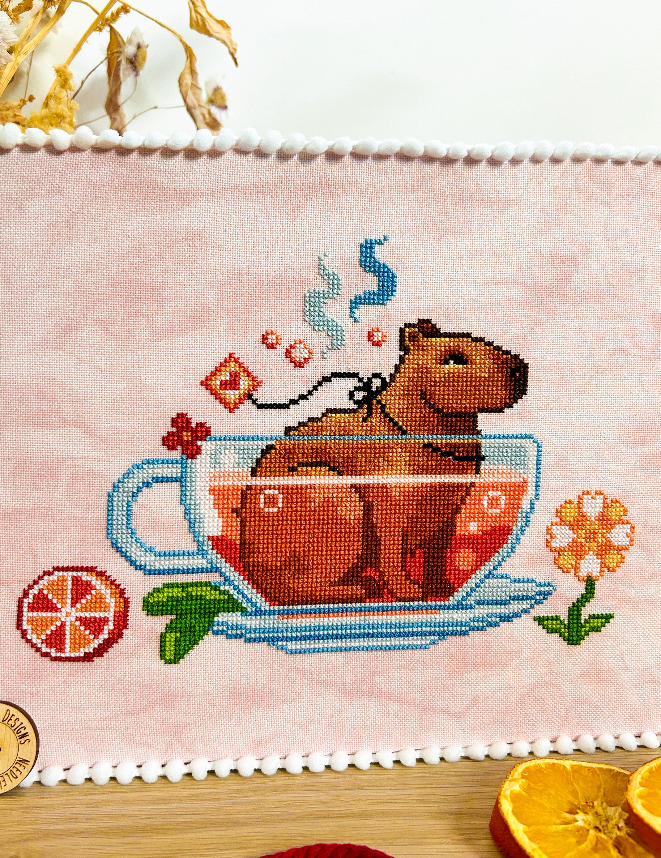 Sarasa  Wooeblock  Patterns デザインライブラリー Capybara Tea Time Cross Stitch Pattern - NeedleLot Designs