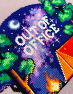 Out of Office cross stitch pattern by NeedleLot Designs, a tree stump workspace in nature