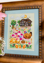 Life at the Cottage SAL cross stitch pattern by NeedleLot Designs, an English cottage with animals and folk art motifs