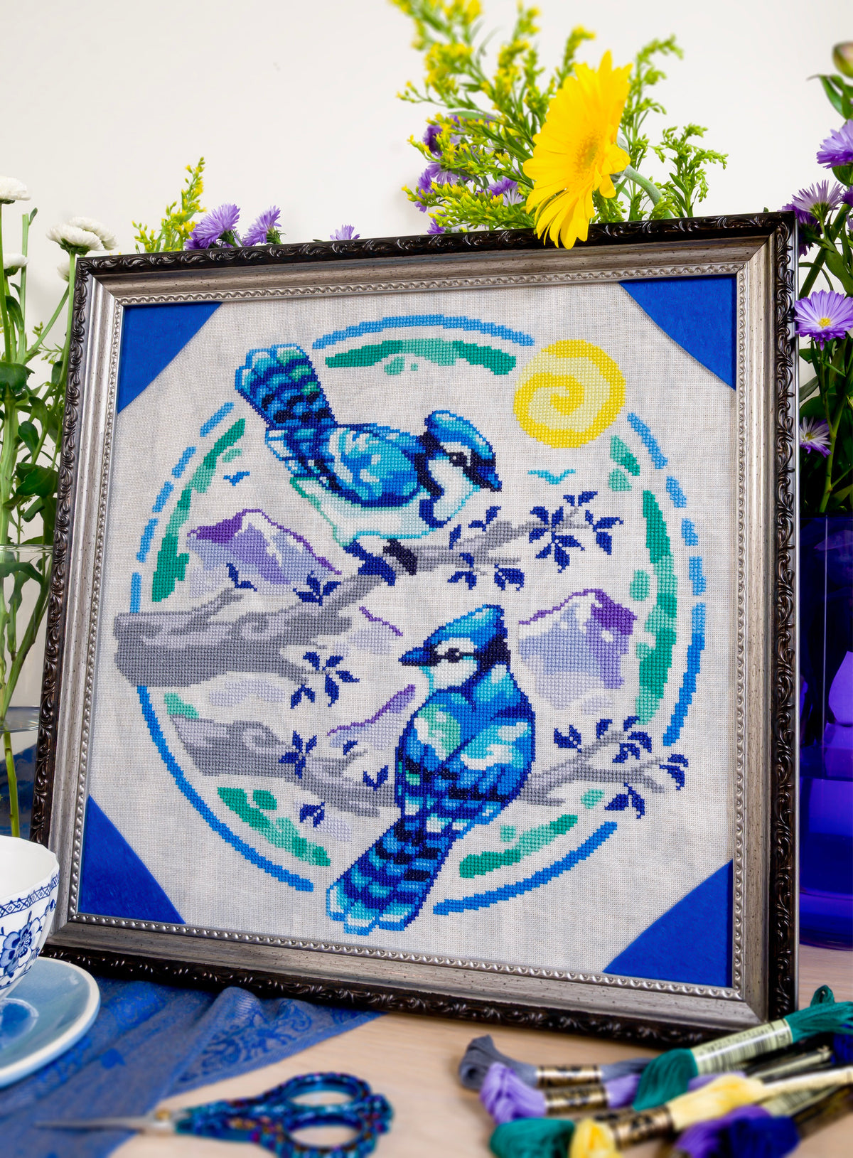 Painterly Blue Jays cross stitch pattern by NeedleLot Designs, blue jays