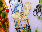 Art Nouveau Owl cross stitch pattern by NeedleLot Designs, a barn owl in a tall Art Nouveau frame