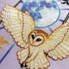 Extreme closeup of barn owl. Stitches are clearly visible this way, they are neat and tidy. Owls eyes are black, the top of its head is brown. It has two long front legs with black claws.