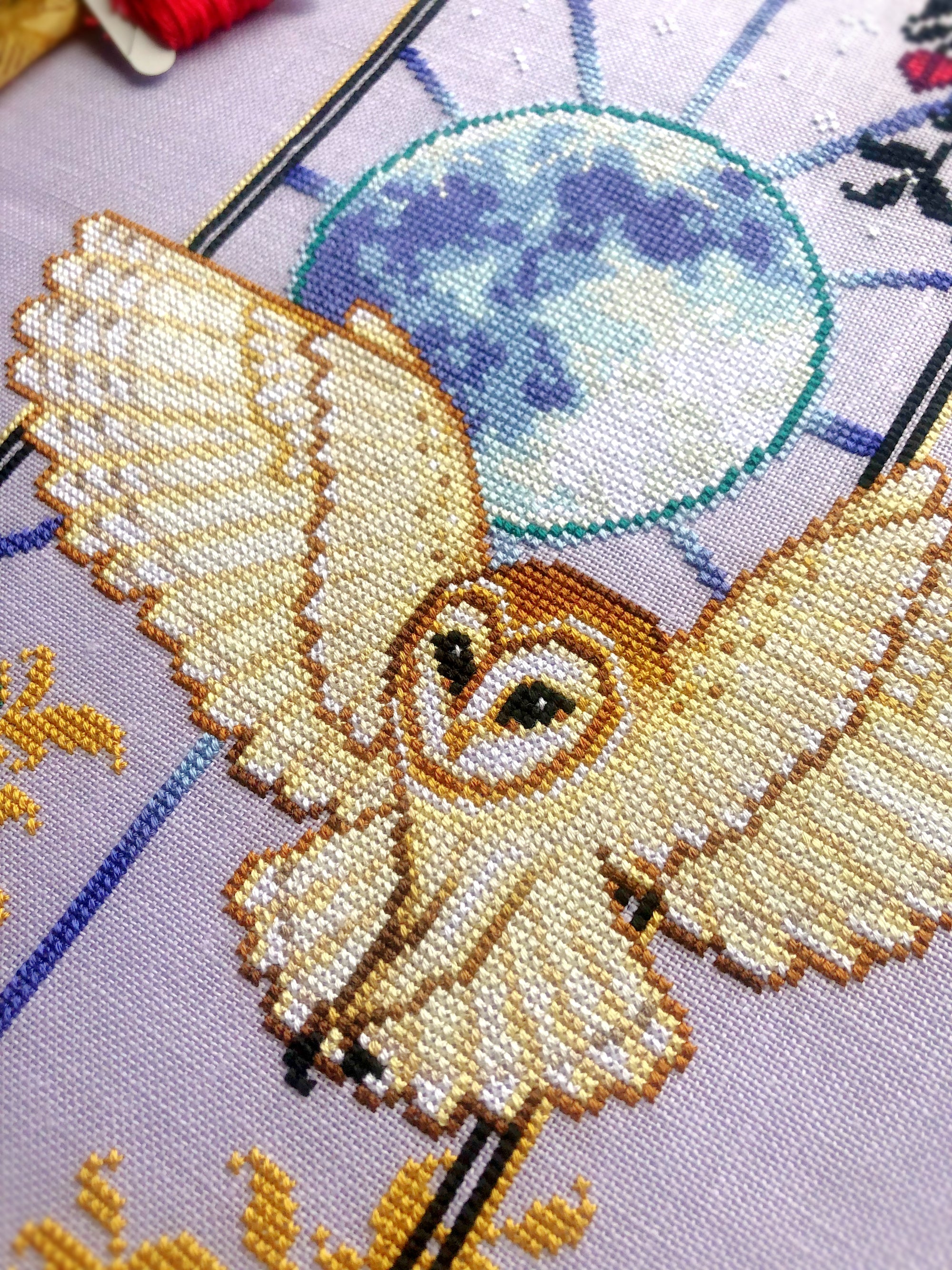 Extreme closeup of barn owl. Stitches are clearly visible this way, they are neat and tidy. Owls eyes are black, the top of its head is brown. It has two long front legs with black claws.