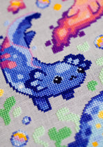 Fantasy Axolotls cross stitch pattern by NeedleLot Designs, three fantasy axolotls