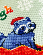 Trashing Through The Snow cross stitch pattern by NeedleLot Designs, raccoons in a sleigh in the snow