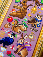 The Secret Grove Stitchalong cross stitch pattern by NeedleLot Designs, a gathering of woodland animals