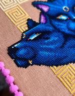 Cerberpuss cross stitch pattern by NeedleLot Designs, a three-headed cat