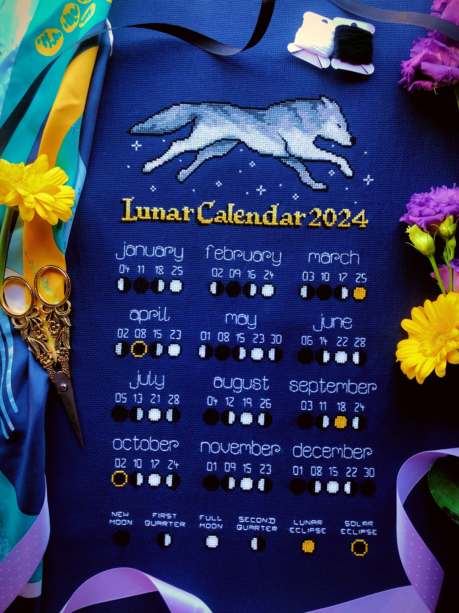 Lunar Calendar 2024 Cross Stitch Pattern - NeedleLot Designs