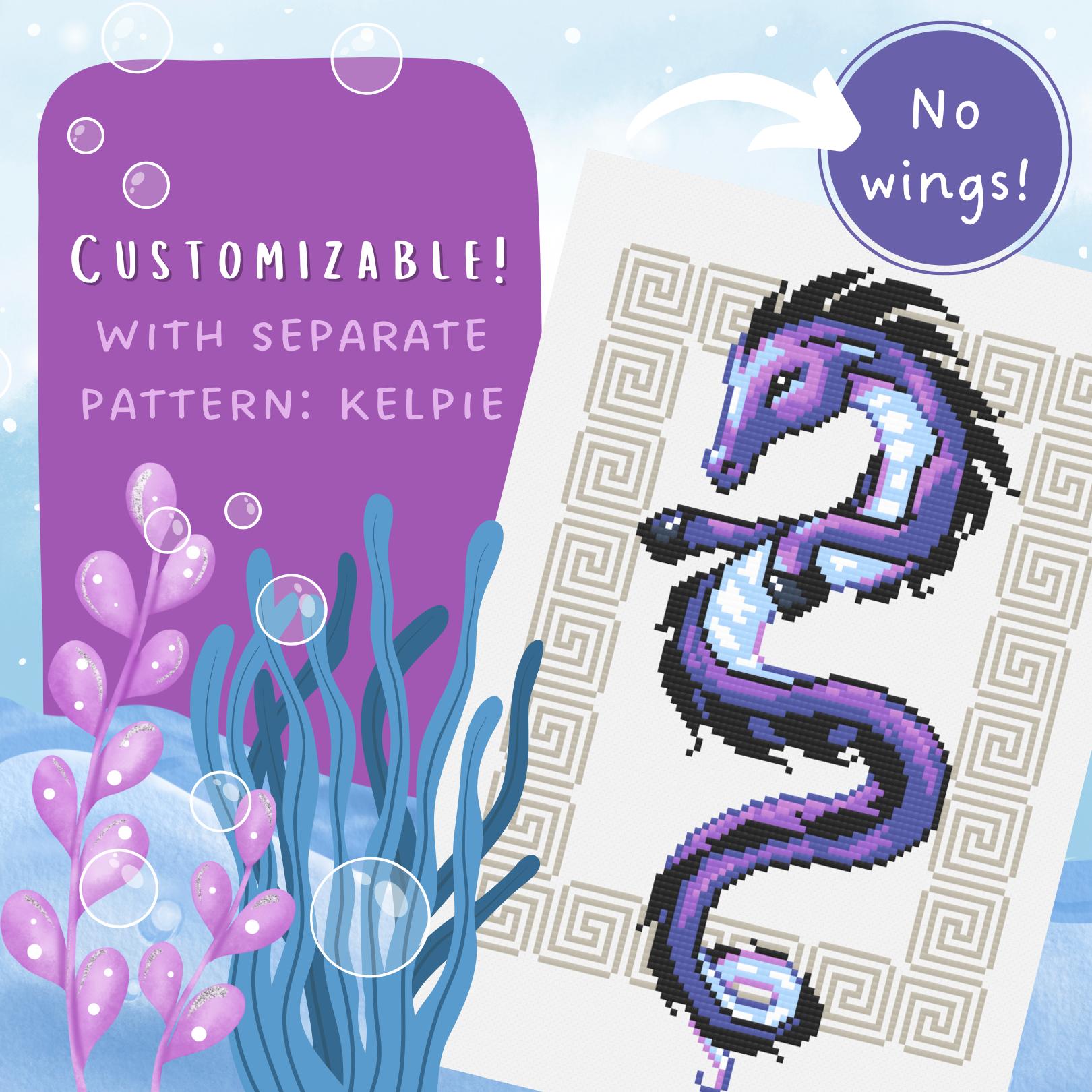 This pattern is customizable. You have a choice of two: you can stitch a dragon with wings, or a kelpie without wings. The kelpie derives from Irish and Scottish mythology. It is depicted here as a rendering.