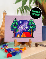 Out of Office cross stitch pattern by NeedleLot Designs, a tree stump workspace in nature
