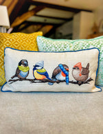 Winter Birds cross stitch pattern by NeedleLot Designs, a row of winter birds in hats and scarves