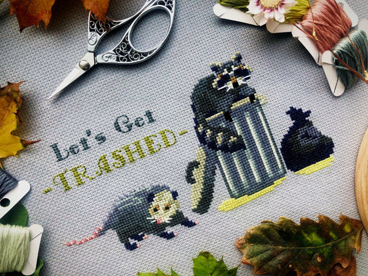 Let's Get Trashed Possum & Raccoon Cross Stitch Pattern